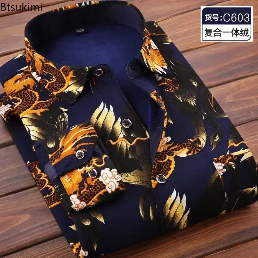 2024 Hot Sale High Quality Warm Shirts for Men Fashion Plaid Print Fleece Long Sleeve Thick Shirt Men Retro Casual Social Blouse