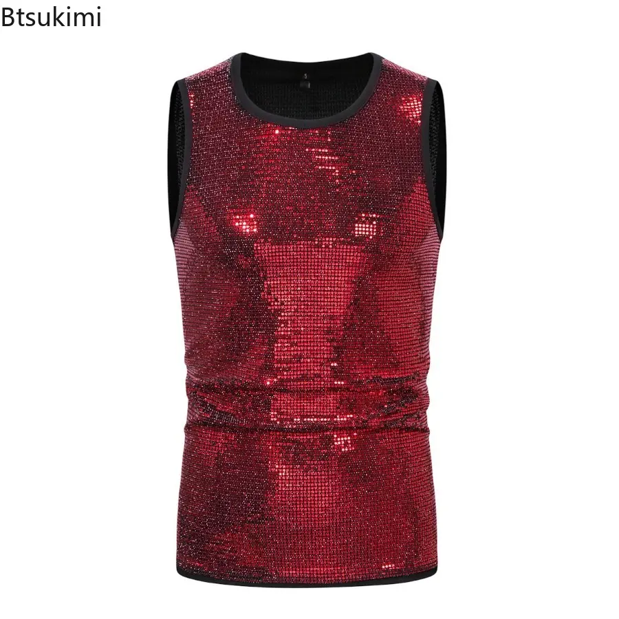 Fashion New Men's Shiny Sequins Tank Tops Vintage Sleeveless Round Neck T-shirt Men Hip Hop Streetwear Summer Casual Simple Tees