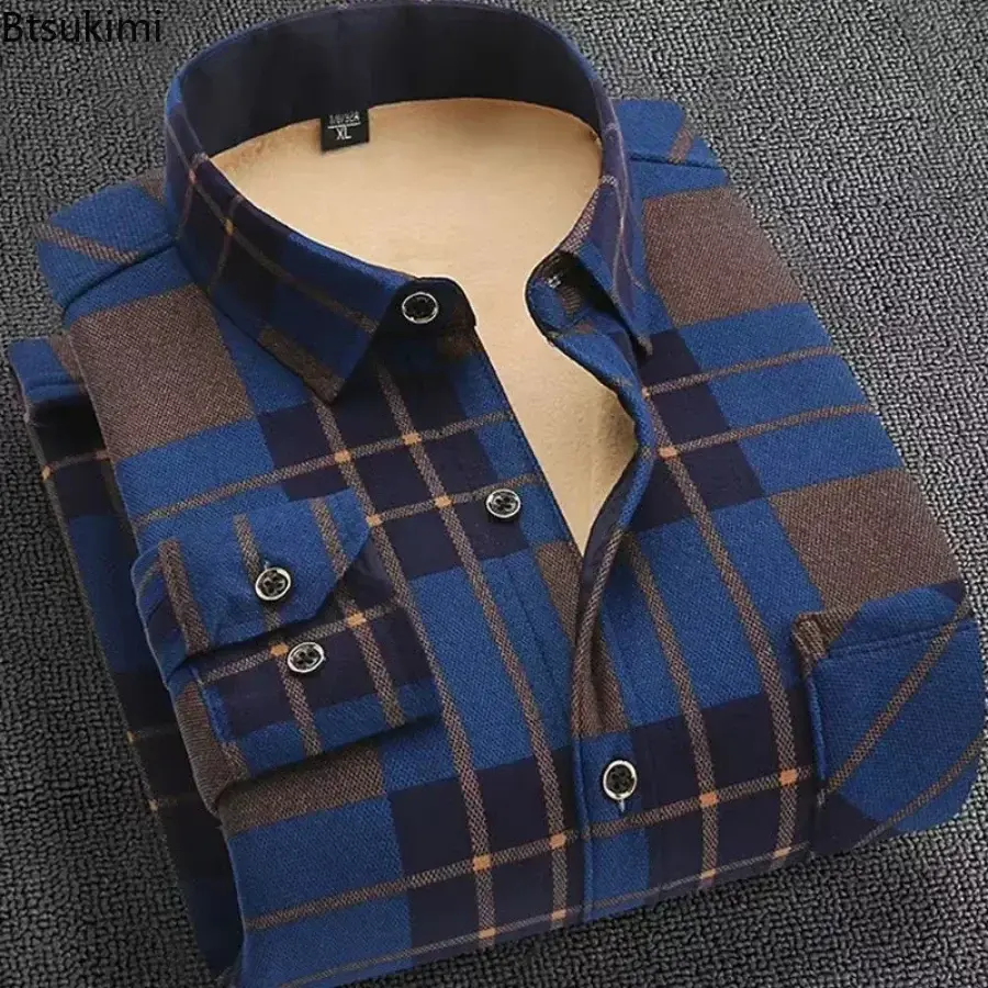 2024 Hot Sale High Quality Warm Shirts for Men Fashion Plaid Print Fleece Long Sleeve Thick Shirt Men Retro Casual Social Blouse
