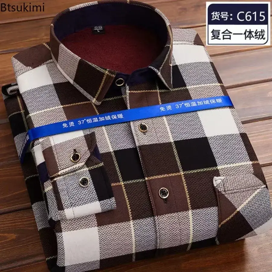 2024 Hot Sale High Quality Warm Shirts for Men Fashion Plaid Print Fleece Long Sleeve Thick Shirt Men Retro Casual Social Blouse