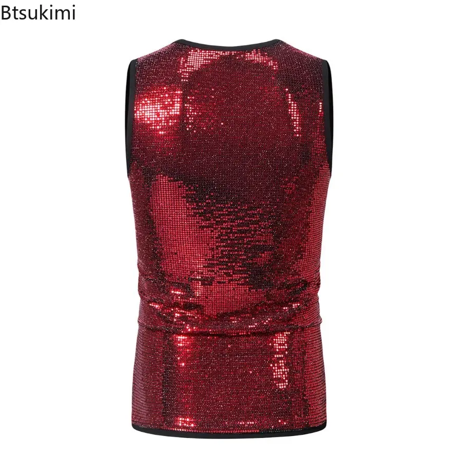 Fashion New Men's Shiny Sequins Tank Tops Vintage Sleeveless Round Neck T-shirt Men Hip Hop Streetwear Summer Casual Simple Tees