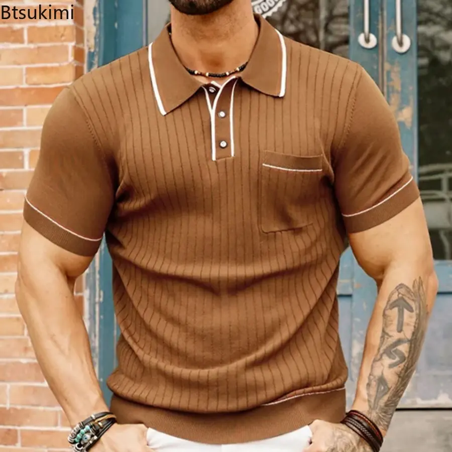 Summer New Men's Knitted Short-sleeved Polo Shirts Fashion Striped Contrast Color Breathable Lapel Pullover Tops Men Knit Shirts