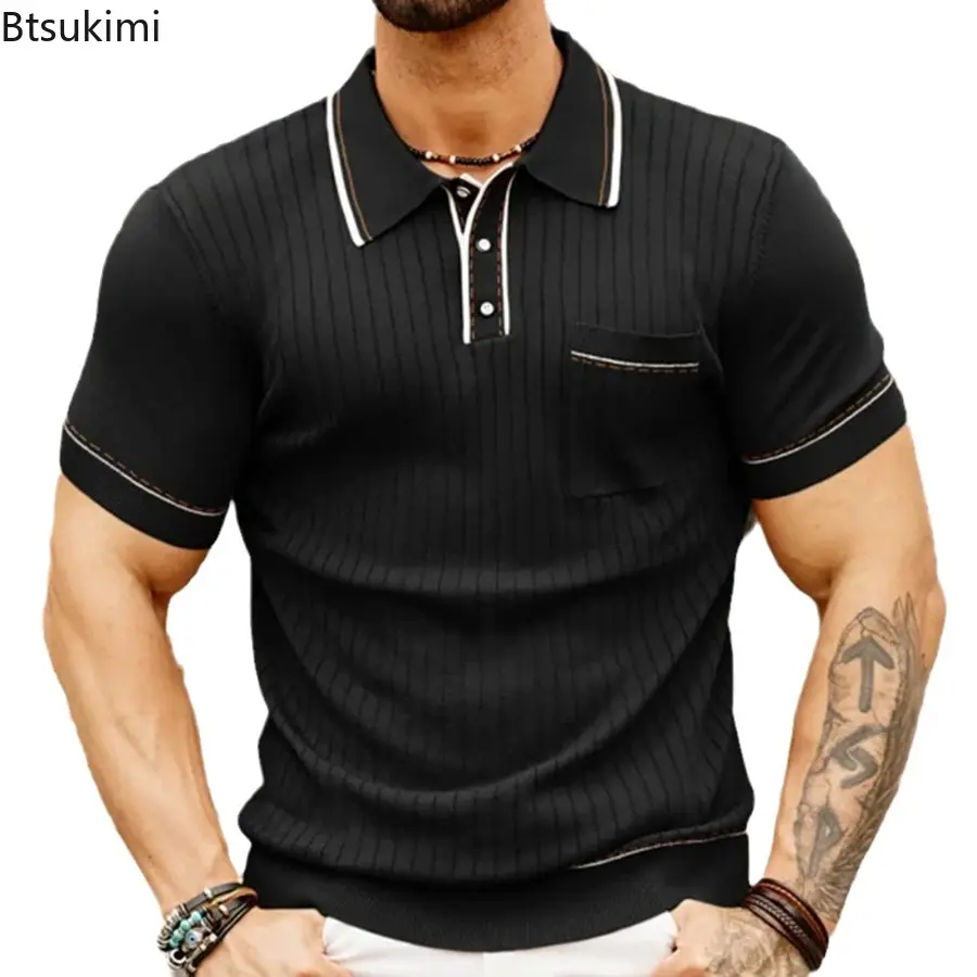 Summer New Men's Knitted Short-sleeved Polo Shirts Fashion Striped Contrast Color Breathable Lapel Pullover Tops Men Knit Shirts