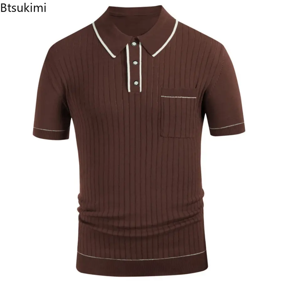 Summer New Men's Knitted Short-sleeved Polo Shirts Fashion Striped Contrast Color Breathable Lapel Pullover Tops Men Knit Shirts