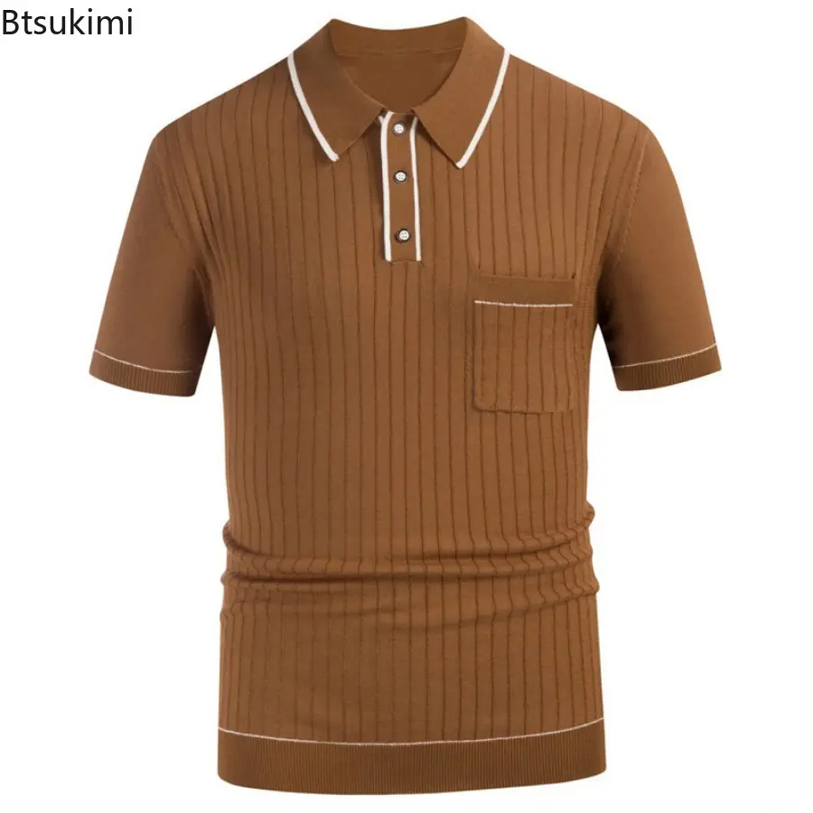 Summer New Men's Knitted Short-sleeved Polo Shirts Fashion Striped Contrast Color Breathable Lapel Pullover Tops Men Knit Shirts