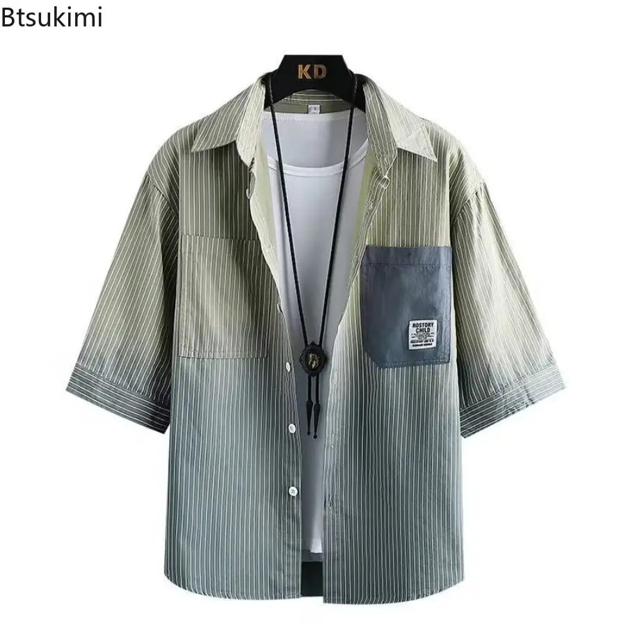 New 2025 Summer Men's Fashion Striped Color Blocked Line Shirt Male Clothing Short Sleeve Daily Casual and Loose Shirt for Men