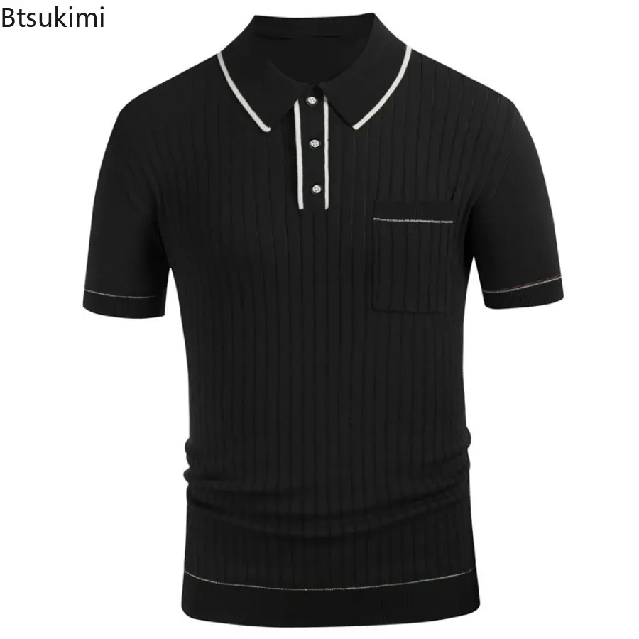 Summer New Men's Knitted Short-sleeved Polo Shirts Fashion Striped Contrast Color Breathable Lapel Pullover Tops Men Knit Shirts