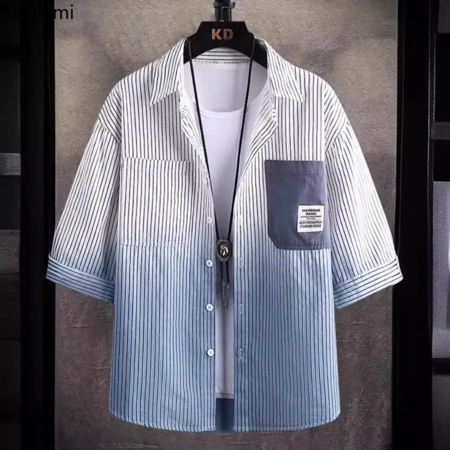 New 2025 Summer Men's Fashion Striped Color Blocked Line Shirt Male Clothing Short Sleeve Daily Casual and Loose Shirt for Men