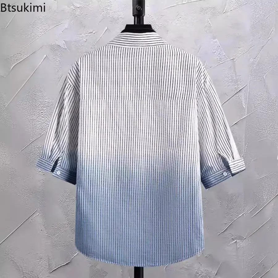 New 2025 Summer Men's Fashion Striped Color Blocked Line Shirt Male Clothing Short Sleeve Daily Casual and Loose Shirt for Men