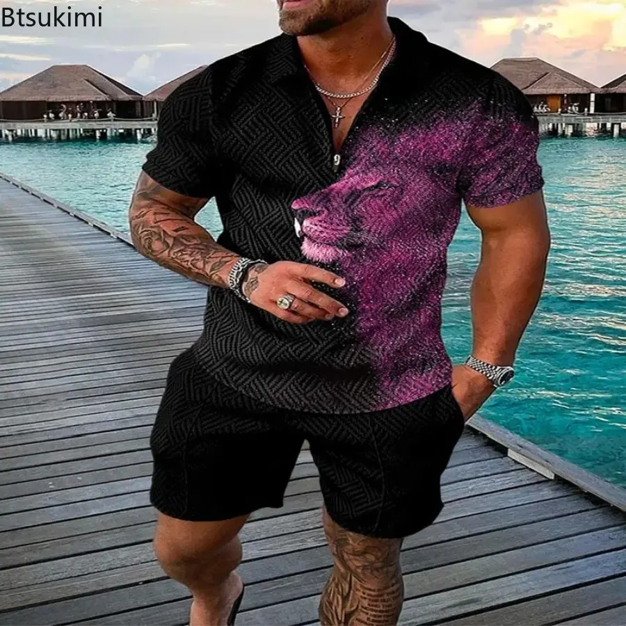 2025 Men's Fashion Casual Two-pieces Trend Patchwork Printting Half Zip Polo Collar T-shirt+Shorts Tracksuit Men Vacation Outfit