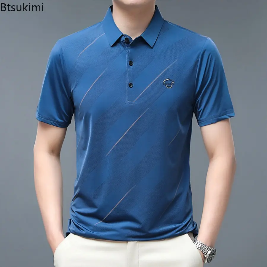 New 2025 Men's Business Solid Color Polo Short Sleeved Smooth and Wrinkle Resistant Comfortable Top Summer Casual Loose T-shirt