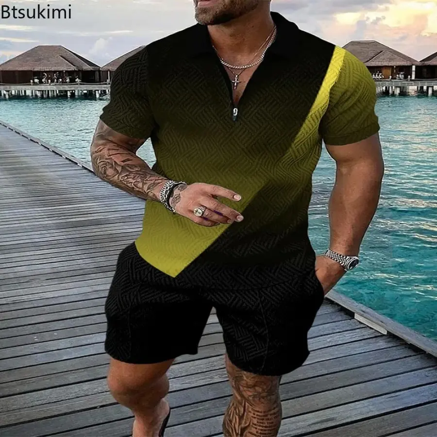 2025 Men's Fashion Casual Two-pieces Trend Patchwork Printting Half Zip Polo Collar T-shirt+Shorts Tracksuit Men Vacation Outfit