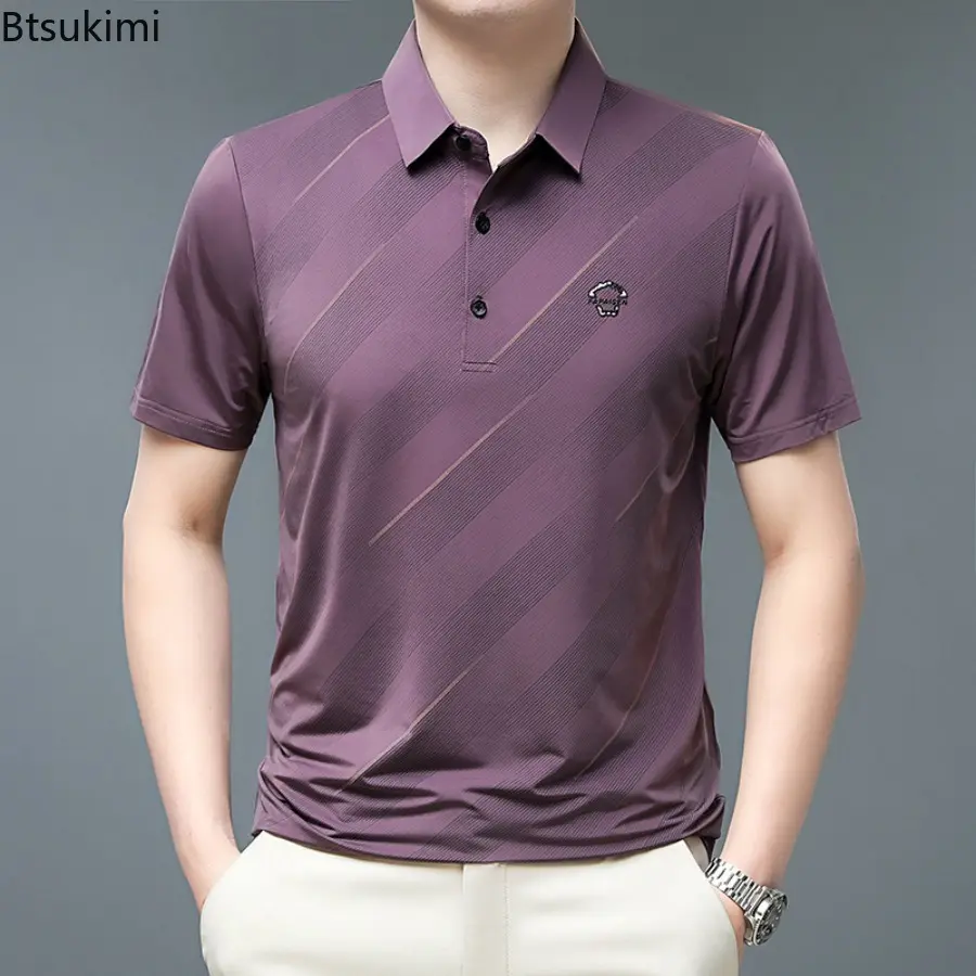 New 2025 Men's Business Solid Color Polo Short Sleeved Smooth and Wrinkle Resistant Comfortable Top Summer Casual Loose T-shirt