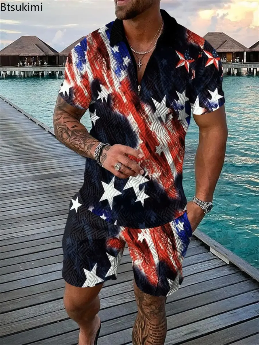 2025 Men's Fashion Casual Two-pieces Trend Patchwork Printting Half Zip Polo Collar T-shirt+Shorts Tracksuit Men Vacation Outfit