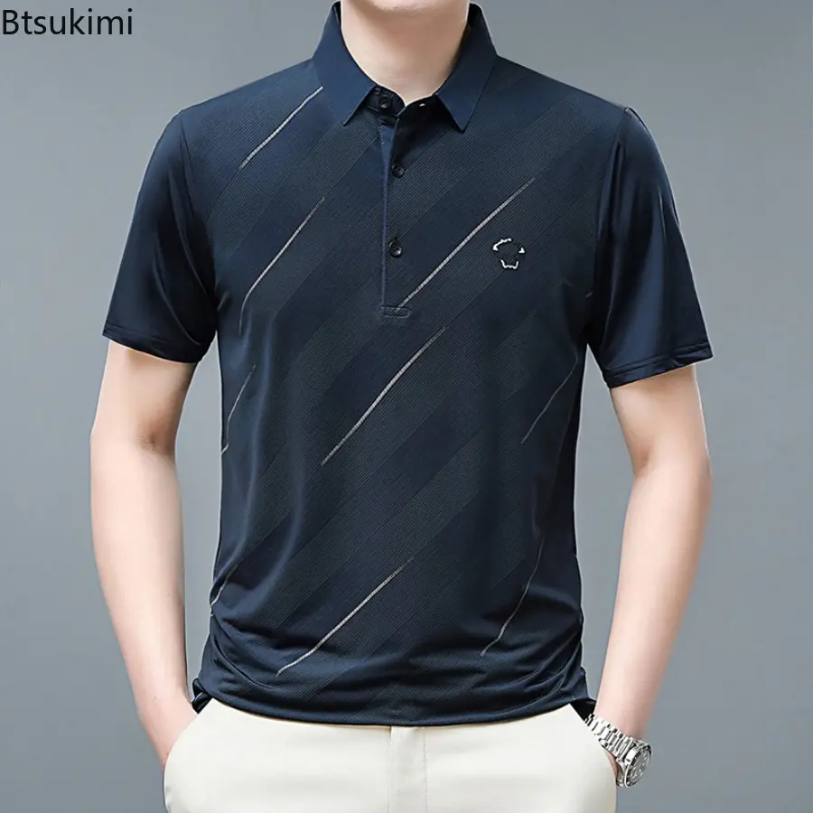 New 2025 Men's Business Solid Color Polo Short Sleeved Smooth and Wrinkle Resistant Comfortable Top Summer Casual Loose T-shirt