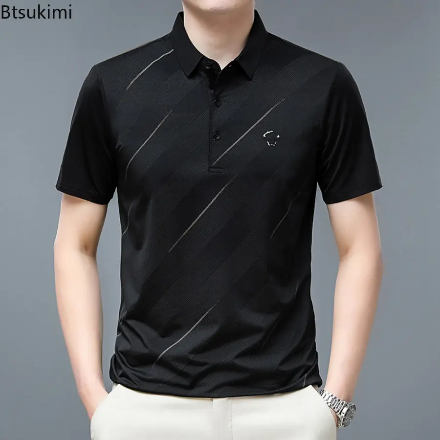 New 2025 Men's Business Solid Color Polo Short Sleeved Smooth and Wrinkle Resistant Comfortable Top Summer Casual Loose T-shirt