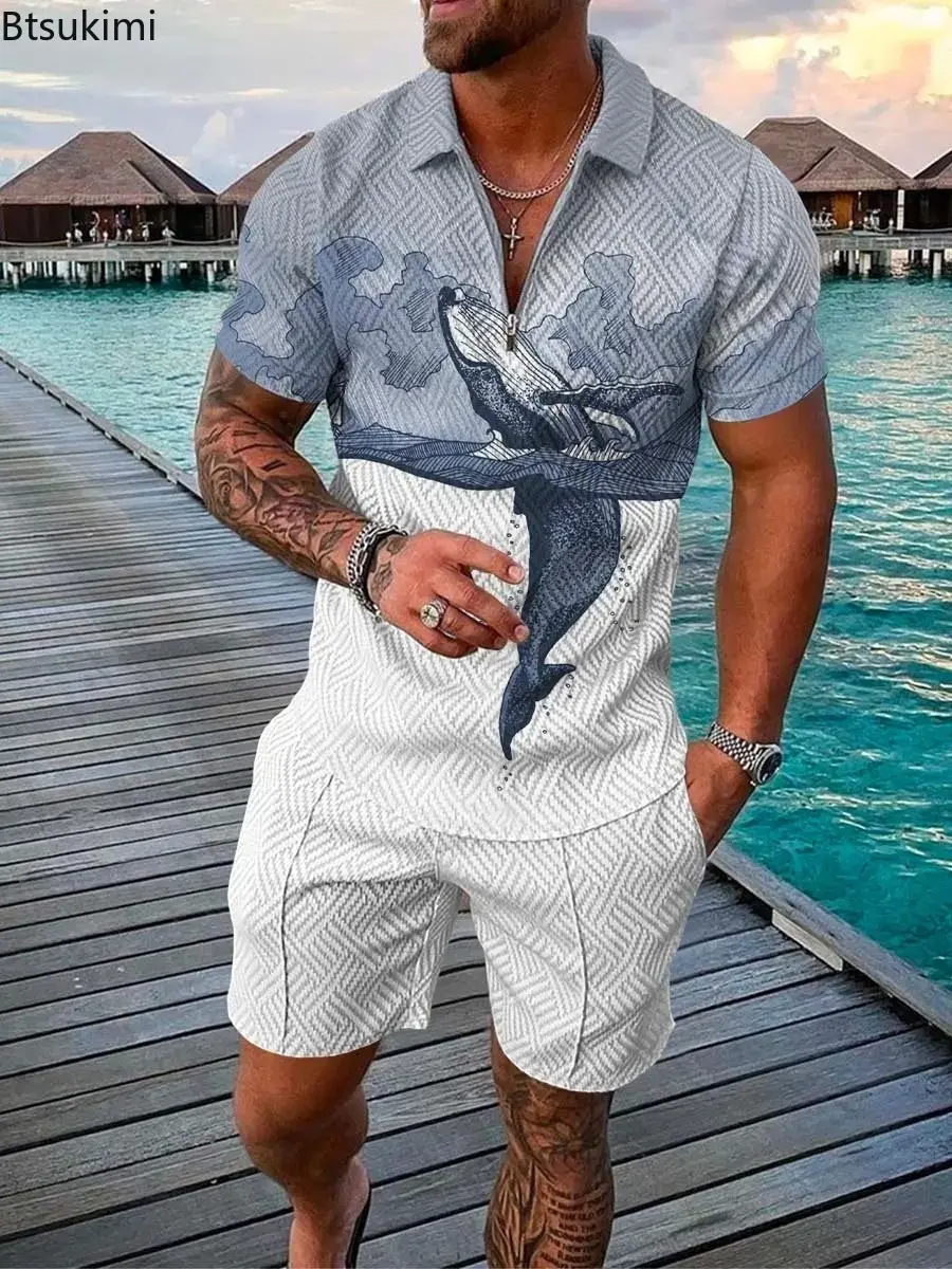 2025 Men's Fashion Casual Two-pieces Trend Patchwork Printting Half Zip Polo Collar T-shirt+Shorts Tracksuit Men Vacation Outfit