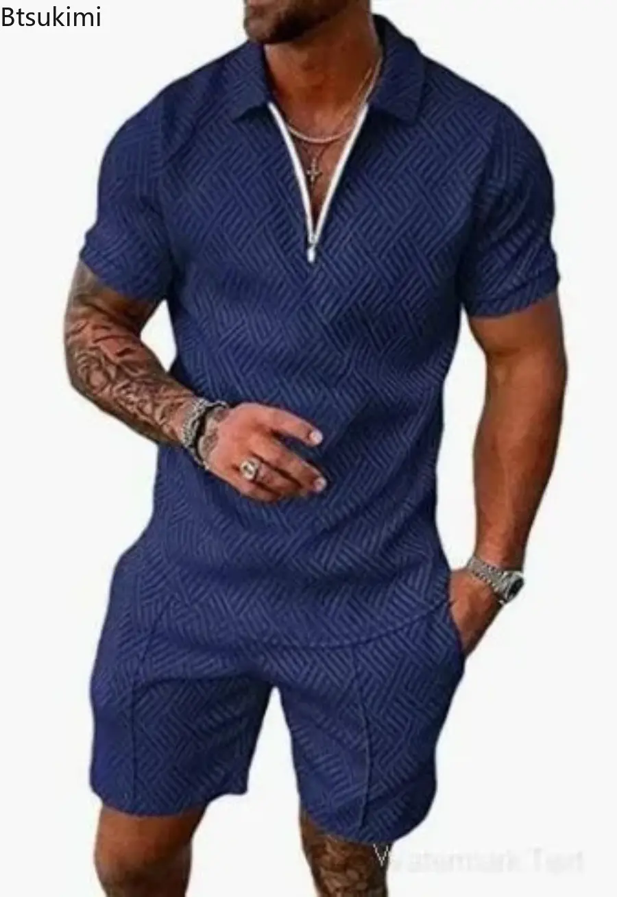 2025 Men's Fashion Casual Two-pieces Trend Patchwork Printting Half Zip Polo Collar T-shirt+Shorts Tracksuit Men Vacation Outfit