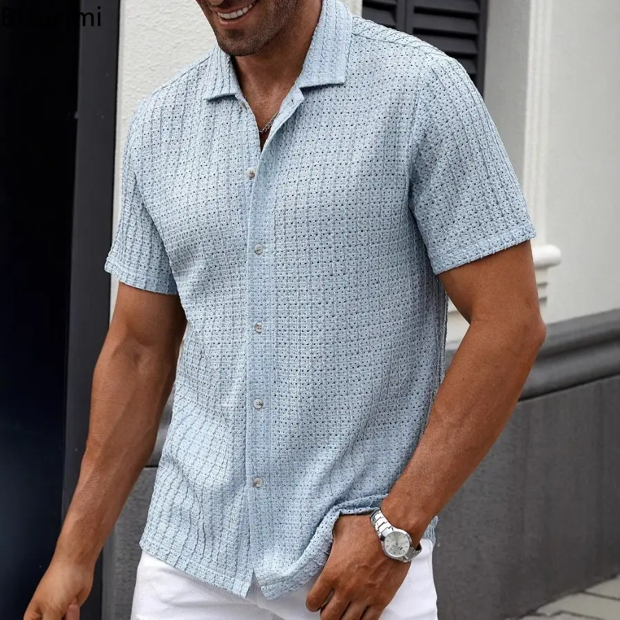 Men's Casual Striped Shirt Lapel Solid Color Tops Casual Breathable Hollow Out Shirt Men Daily Leisure Short Sleeve Mesh Shirts