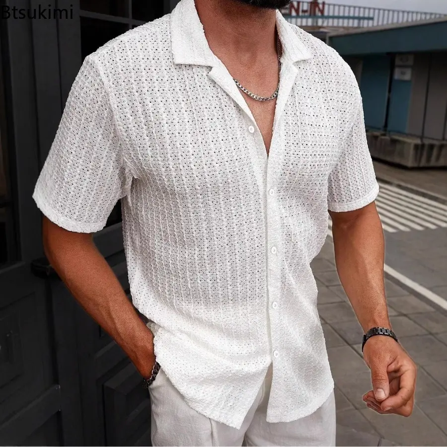Men's Casual Striped Shirt Lapel Solid Color Tops Casual Breathable Hollow Out Shirt Men Daily Leisure Short Sleeve Mesh Shirts