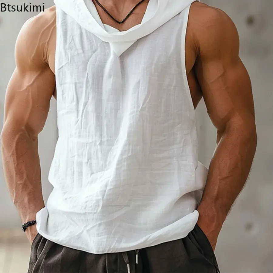 2025 Summer Men's Retro Sleeveless Hoodies Loose Breathable Basketball Tank Tops Men Personalized Hooded Vest Casual Sweatshirts