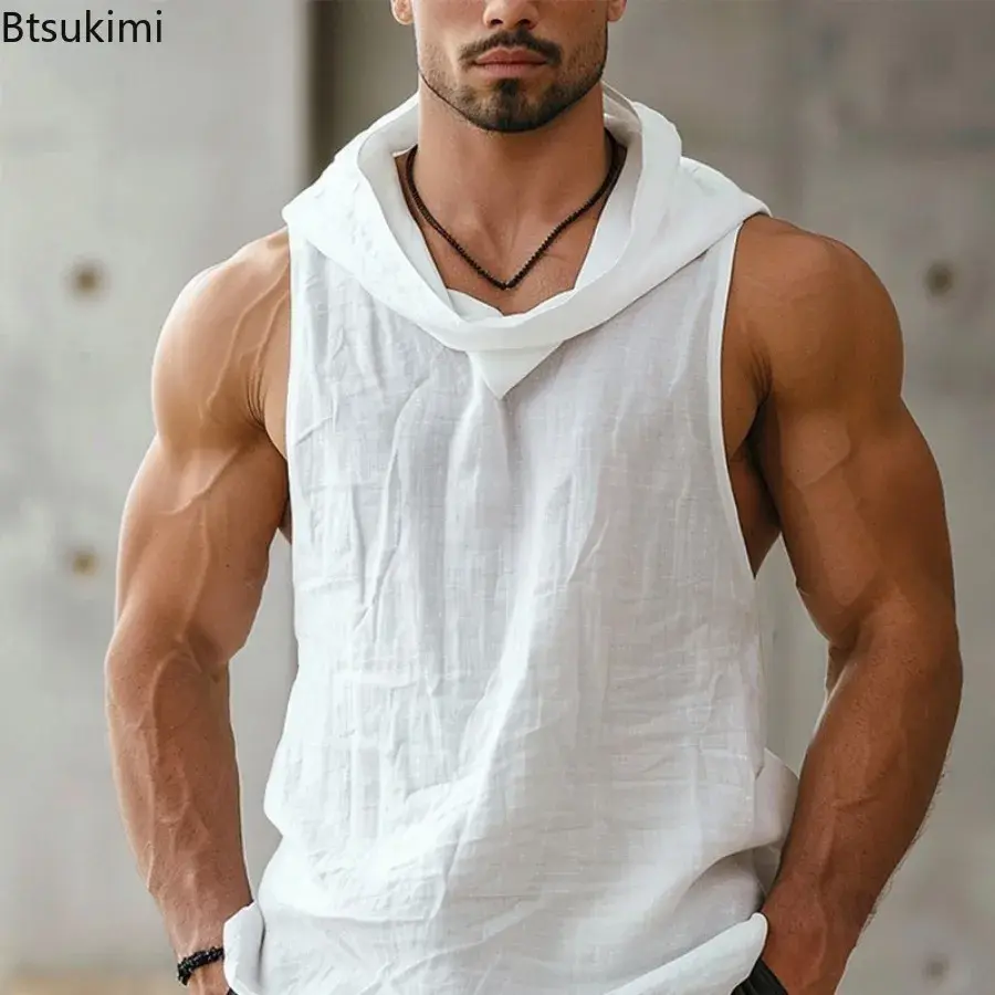 2025 Summer Men's Retro Sleeveless Hoodies Loose Breathable Basketball Tank Tops Men Personalized Hooded Vest Casual Sweatshirts