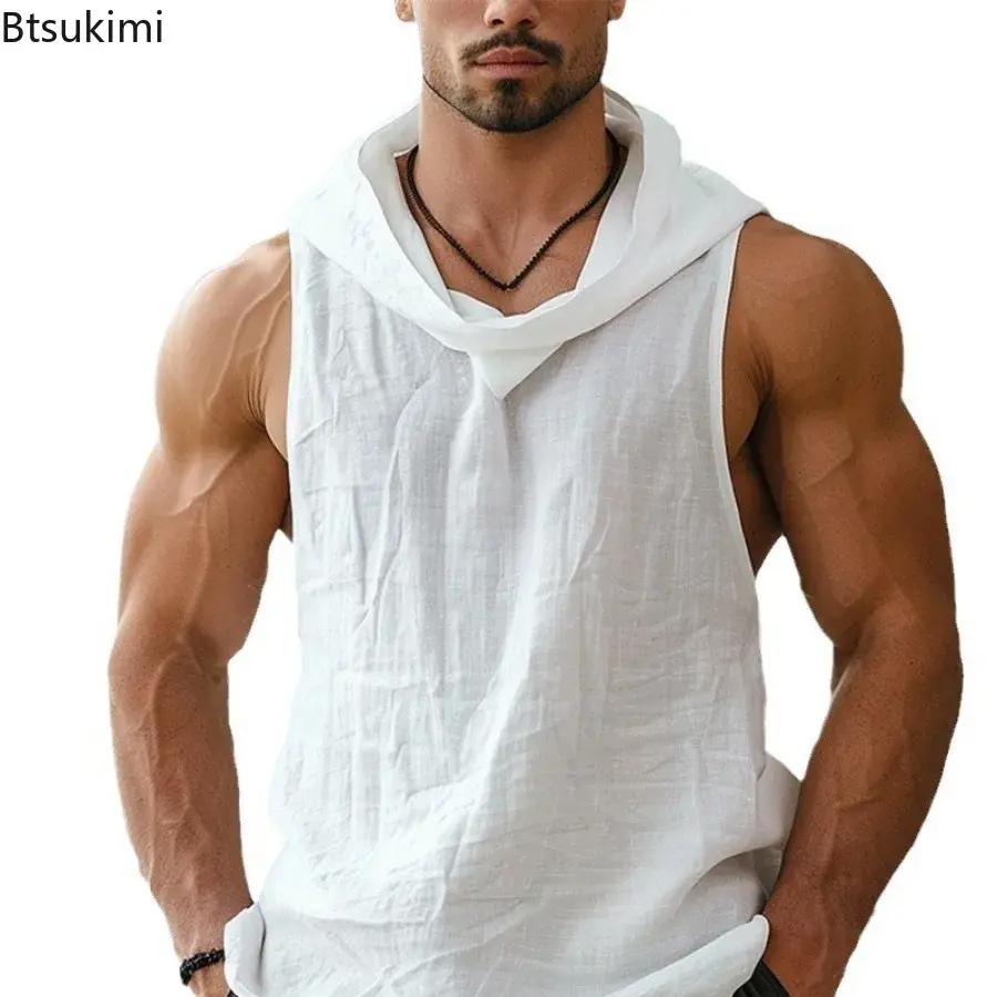 2025 Summer Men's Retro Sleeveless Hoodies Loose Breathable Basketball Tank Tops Men Personalized Hooded Vest Casual Sweatshirts