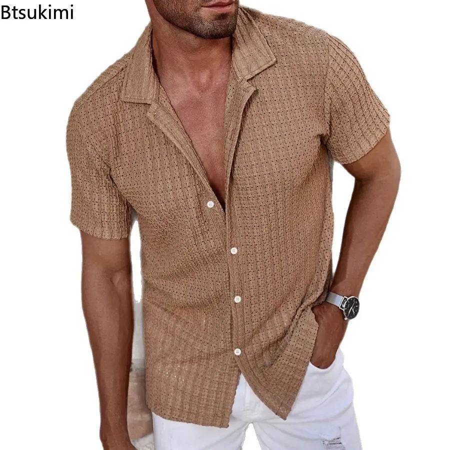 Men's Casual Striped Shirt Lapel Solid Color Tops Casual Breathable Hollow Out Shirt Men Daily Leisure Short Sleeve Mesh Shirts