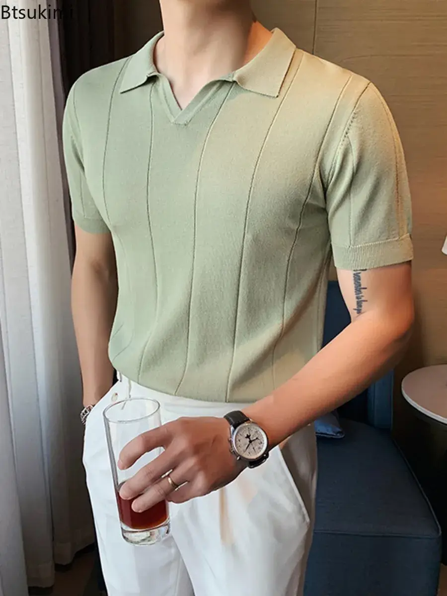 2025 New Men's Ice Silk Short Sleeve Polo Shirt British Casual Business Ruffian Handsome V-neck Knitted Tops Summer Men Clothing
