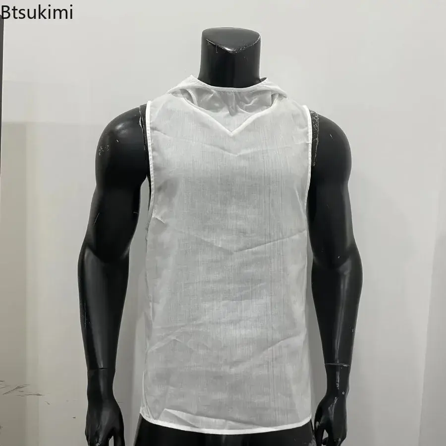 2025 Summer Men's Retro Sleeveless Hoodies Loose Breathable Basketball Tank Tops Men Personalized Hooded Vest Casual Sweatshirts