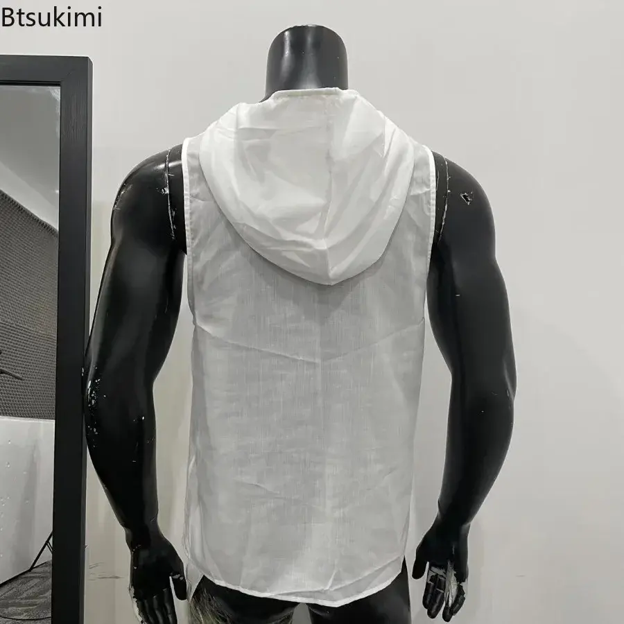 2025 Summer Men's Retro Sleeveless Hoodies Loose Breathable Basketball Tank Tops Men Personalized Hooded Vest Casual Sweatshirts