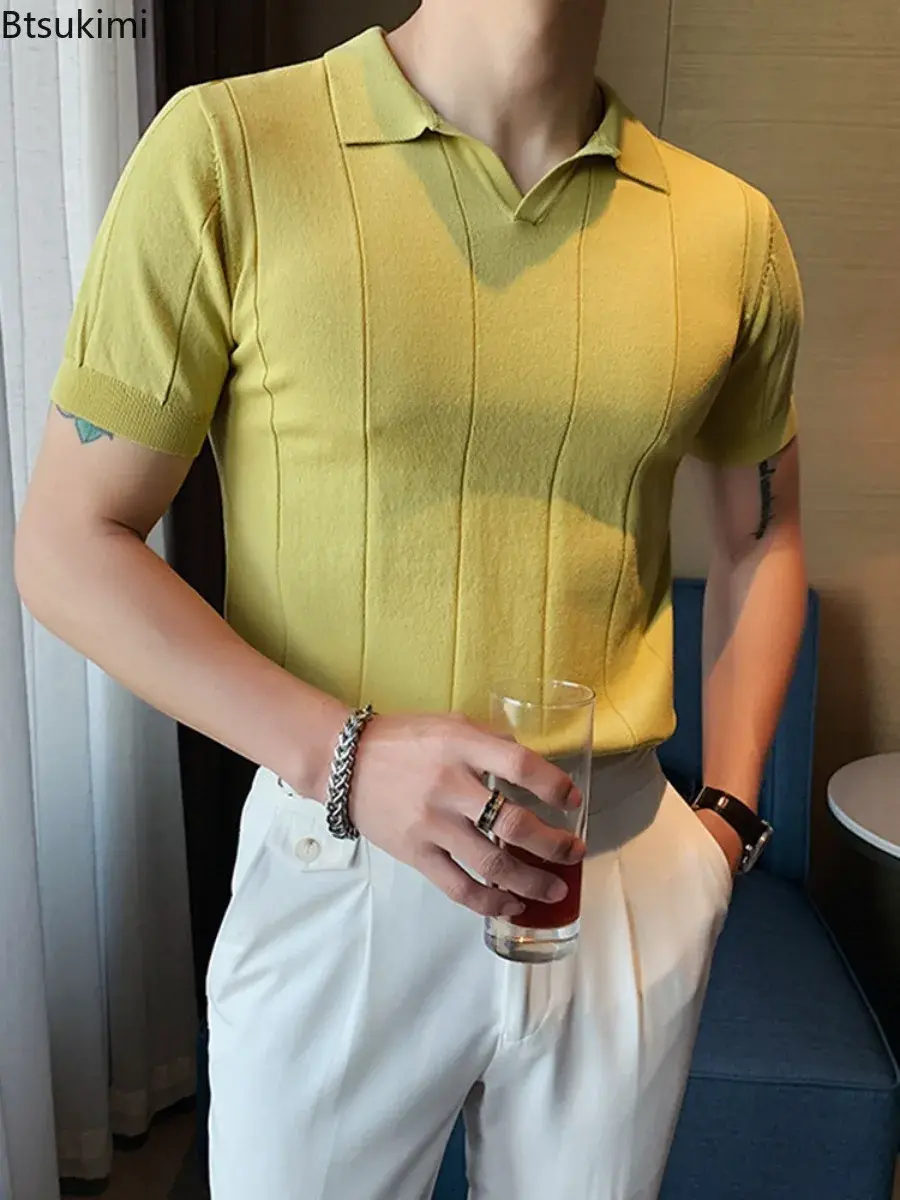 2025 New Men's Ice Silk Short Sleeve Polo Shirt British Casual Business Ruffian Handsome V-neck Knitted Tops Summer Men Clothing