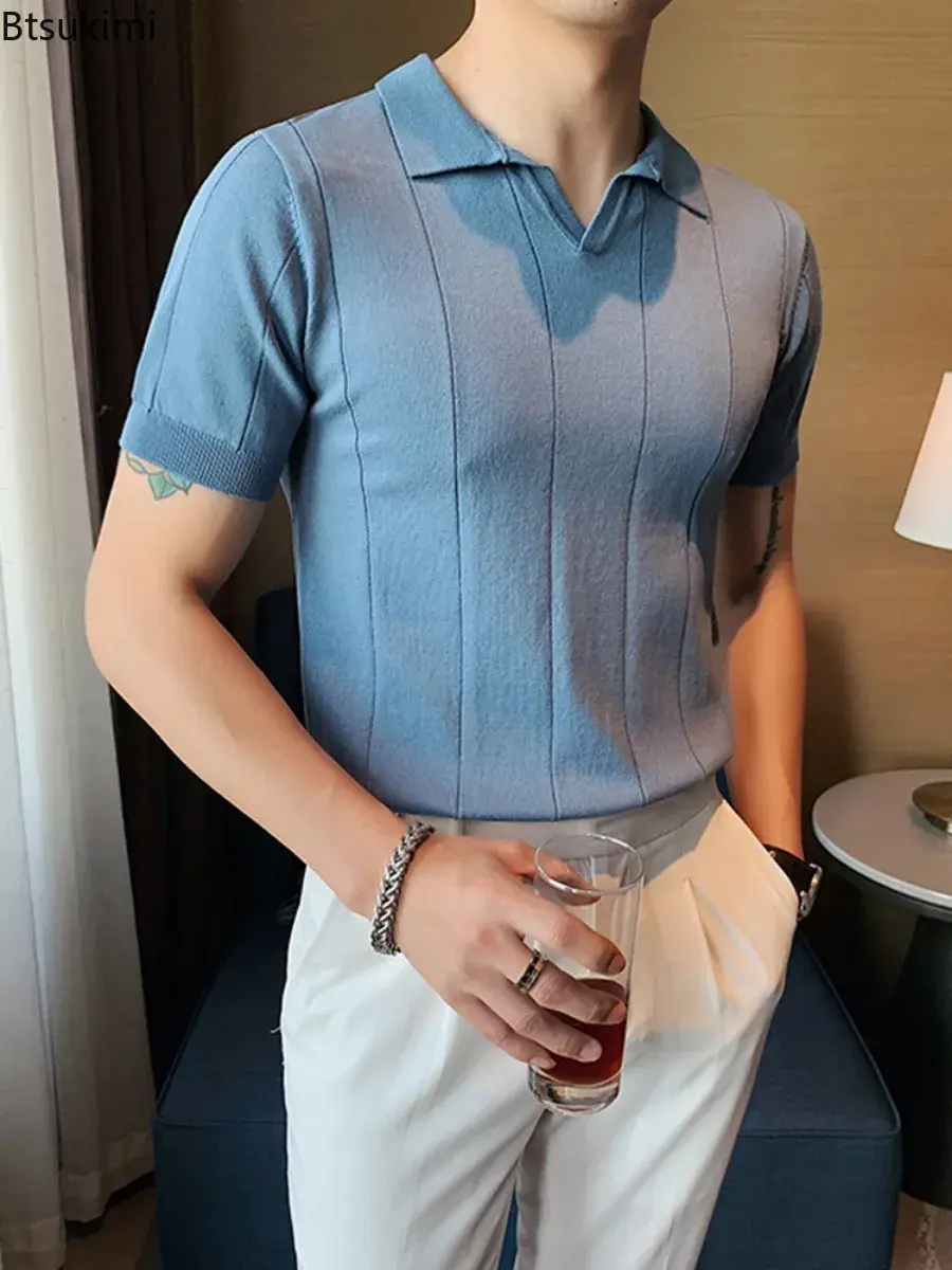 2025 New Men's Ice Silk Short Sleeve Polo Shirt British Casual Business Ruffian Handsome V-neck Knitted Tops Summer Men Clothing