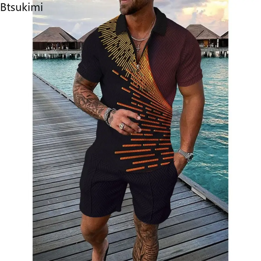 2025 Men's Summer Clothing Fashion Short Sleeve Half Zip Polo Shirt and Shorts Tracksuit Two Piece Sets Men Street Casual Outfit