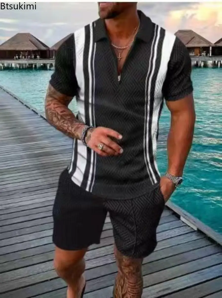 2025 Men's Summer Clothing Fashion Short Sleeve Half Zip Polo Shirt and Shorts Tracksuit Two Piece Sets Men Street Casual Outfit