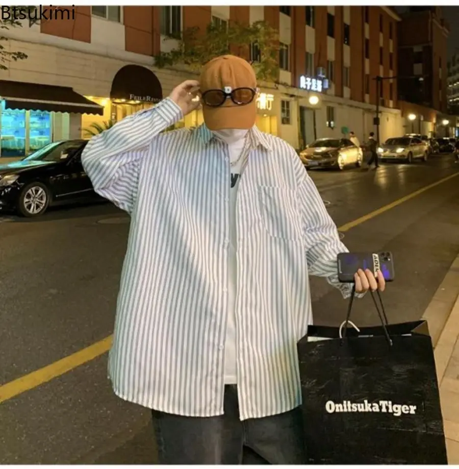 Men's Long Sleeved Korean Style Fashion Shirts Harajuku Trendy Striped Shirt Spring Autumn Hong Kong Style Casual Shirt Coats