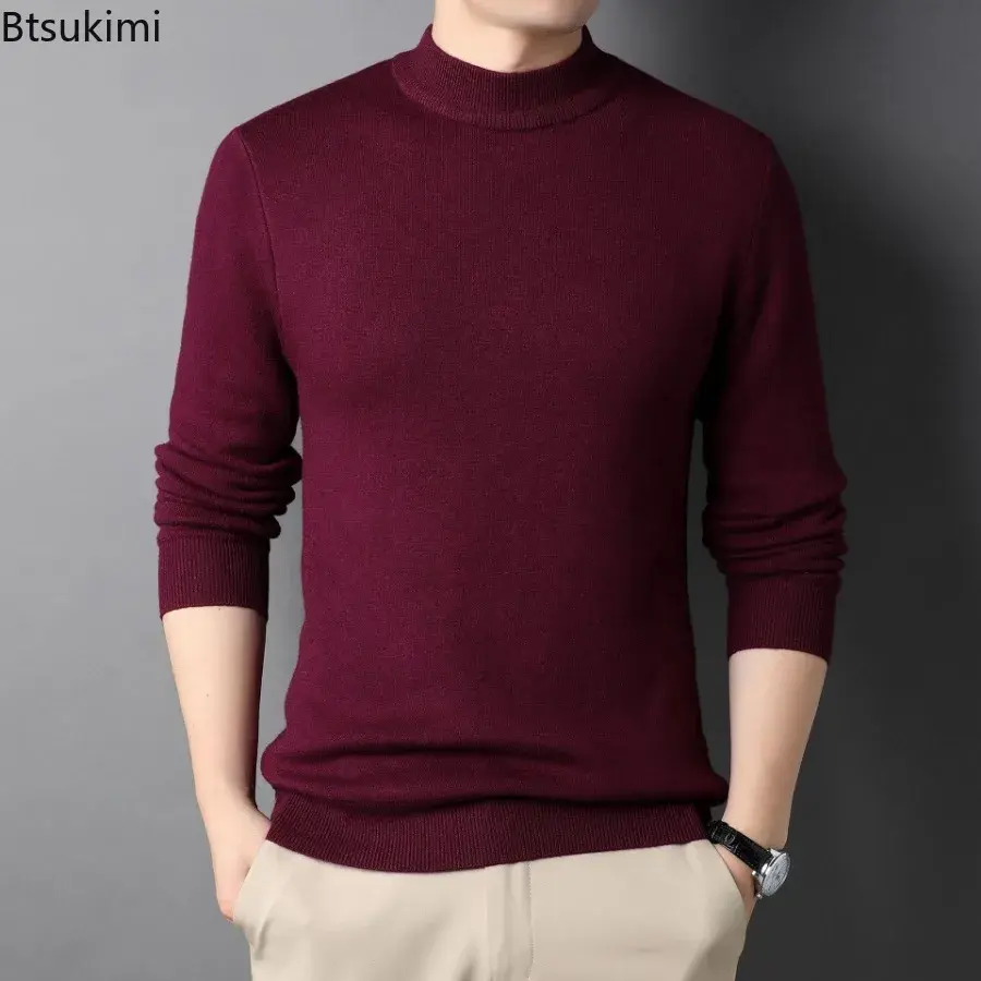 Men's Autumn Winter Solid Half High Collar Knitted Sweater Trendy Slim Pullover Sweater Man Casual All-match Knit Bottoming Tops