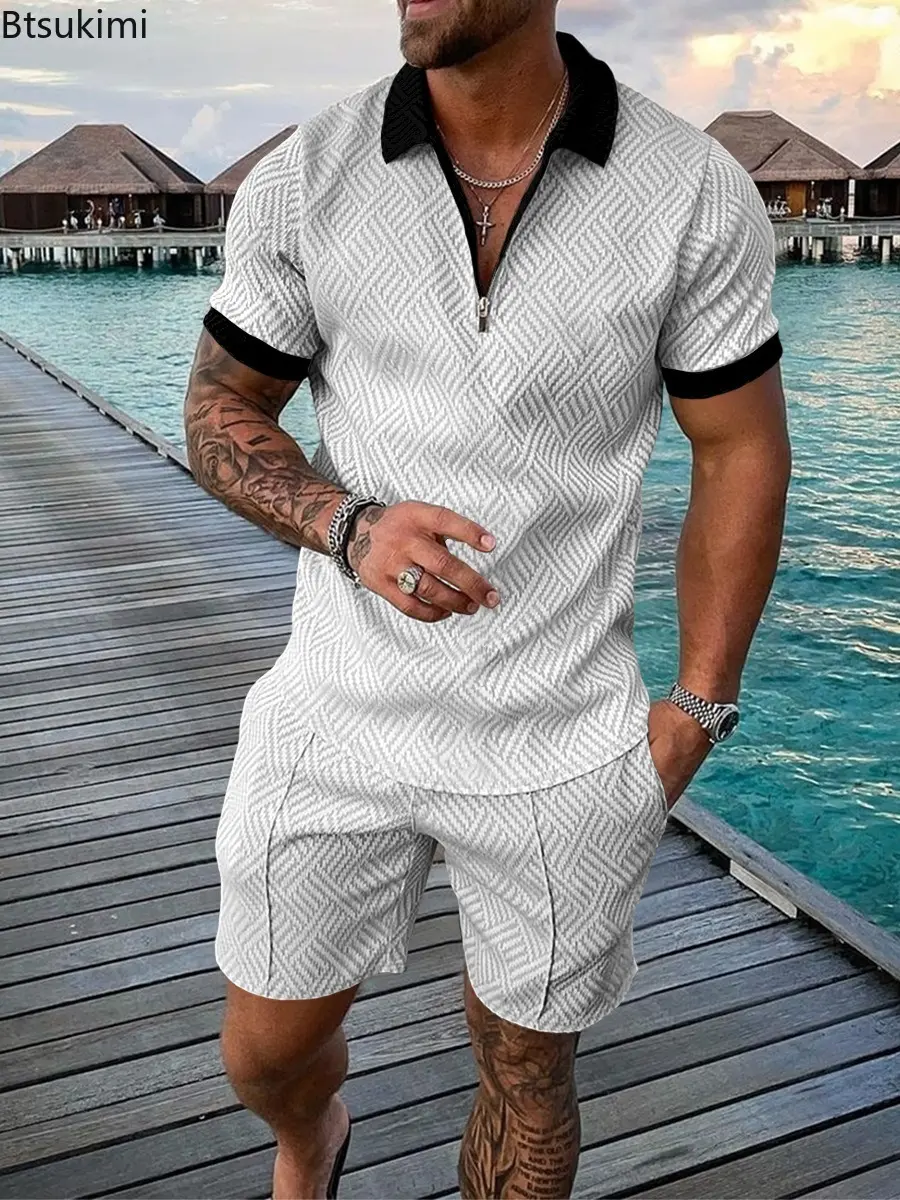 2025 Men's Summer Clothing Fashion Short Sleeve Half Zip Polo Shirt and Shorts Tracksuit Two Piece Sets Men Street Casual Outfit