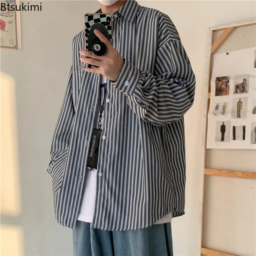 Men's Long Sleeved Korean Style Fashion Shirts Harajuku Trendy Striped Shirt Spring Autumn Hong Kong Style Casual Shirt Coats