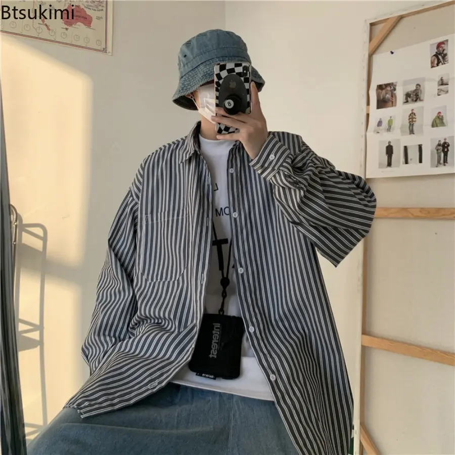 Men's Long Sleeved Korean Style Fashion Shirts Harajuku Trendy Striped Shirt Spring Autumn Hong Kong Style Casual Shirt Coats