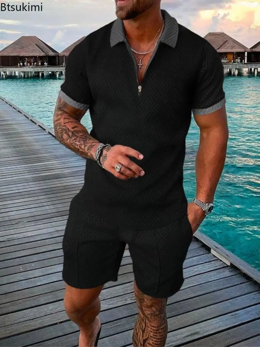 2025 Men's Summer Clothing Fashion Short Sleeve Half Zip Polo Shirt and Shorts Tracksuit Two Piece Sets Men Street Casual Outfit