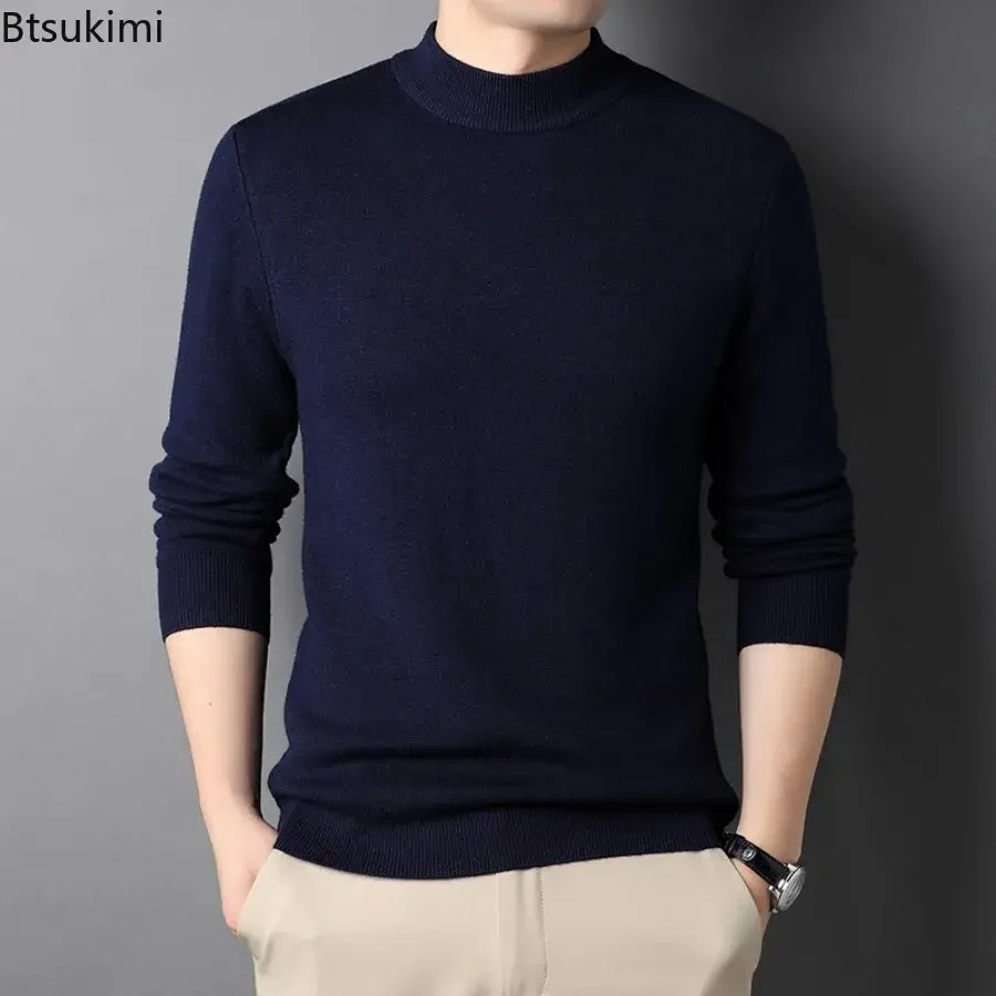 Men's Autumn Winter Solid Half High Collar Knitted Sweater Trendy Slim Pullover Sweater Man Casual All-match Knit Bottoming Tops