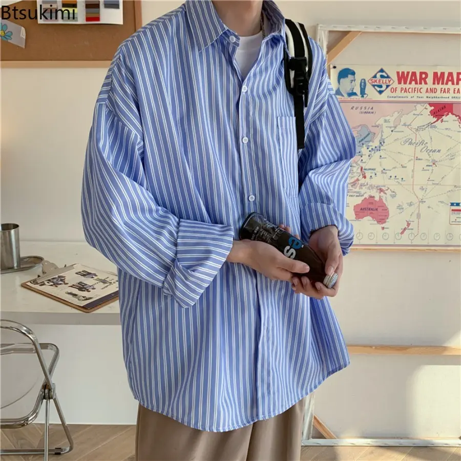 Men's Long Sleeved Korean Style Fashion Shirts Harajuku Trendy Striped Shirt Spring Autumn Hong Kong Style Casual Shirt Coats