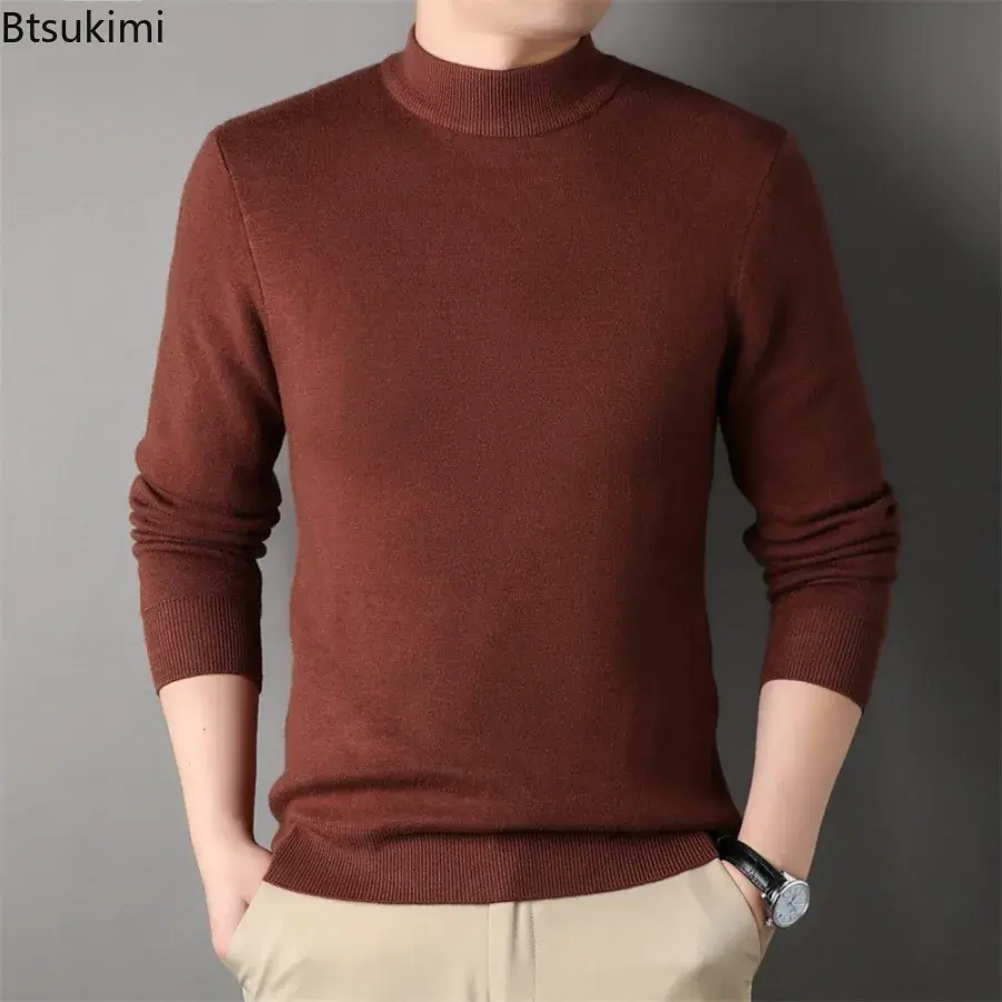 Men's Autumn Winter Solid Half High Collar Knitted Sweater Trendy Slim Pullover Sweater Man Casual All-match Knit Bottoming Tops