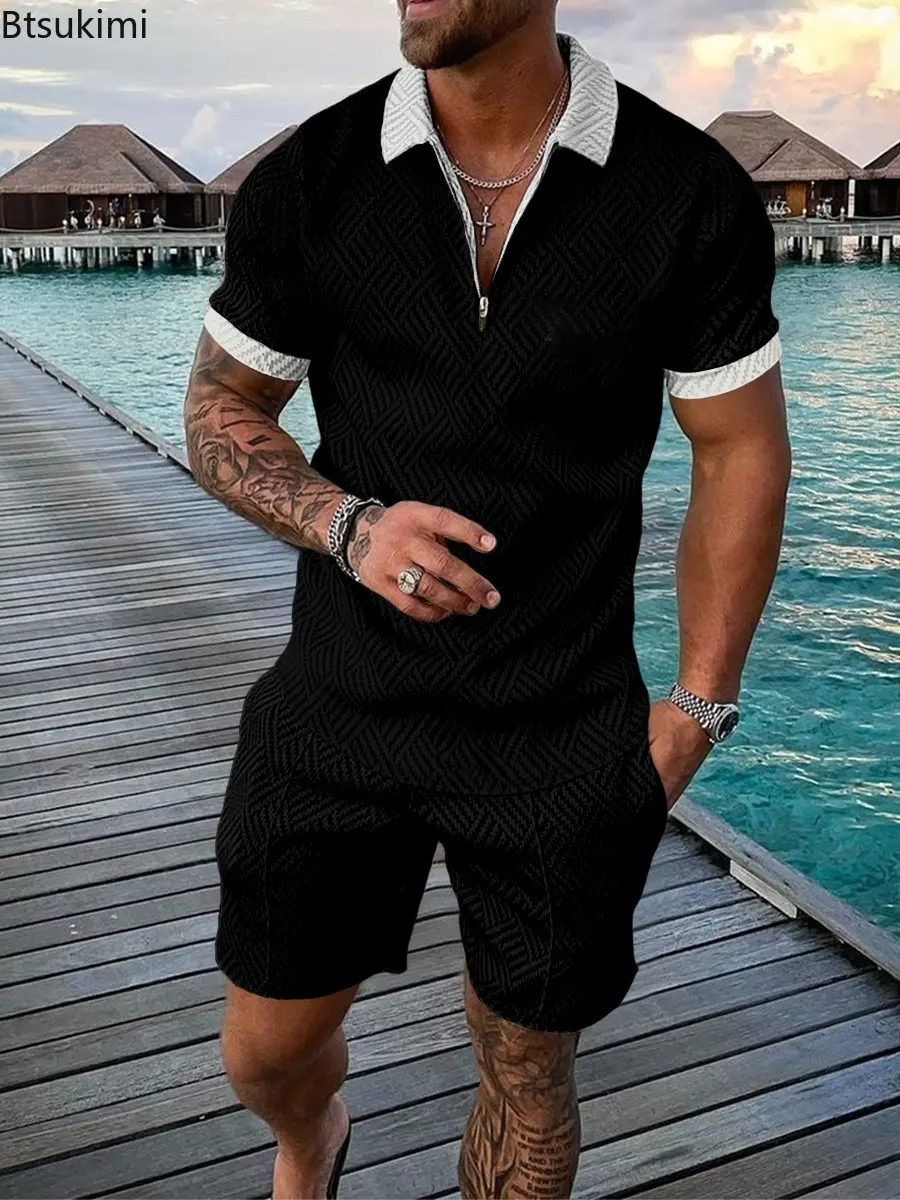 2025 Men's Summer Clothing Fashion Short Sleeve Half Zip Polo Shirt and Shorts Tracksuit Two Piece Sets Men Street Casual Outfit