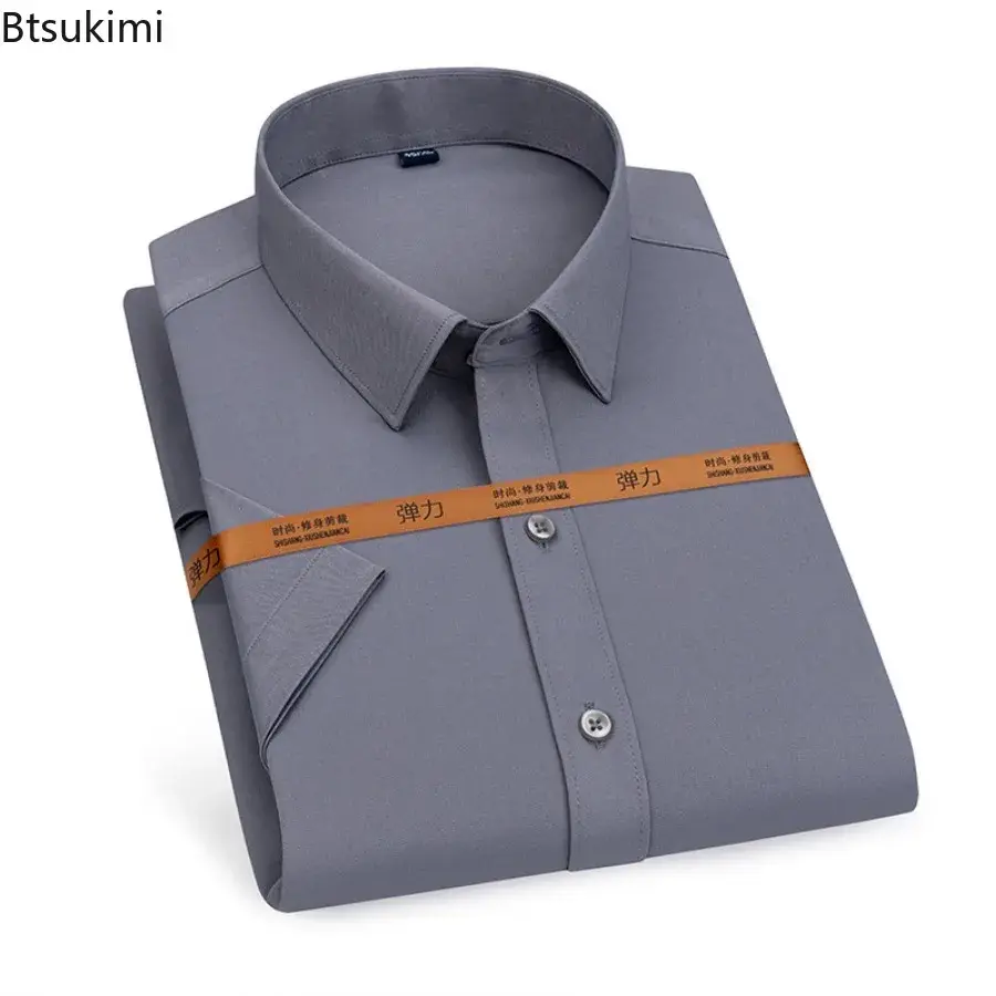 2025 Summer High Elastic Short-sleeved Shirts for Men Office Business Social Dress Shirts Men's Solid Slim Formal Clothing Tops