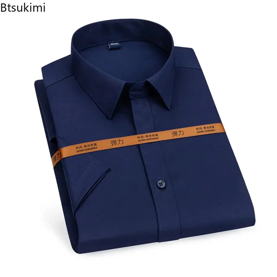 2025 Summer High Elastic Short-sleeved Shirts for Men Office Business Social Dress Shirts Men's Solid Slim Formal Clothing Tops