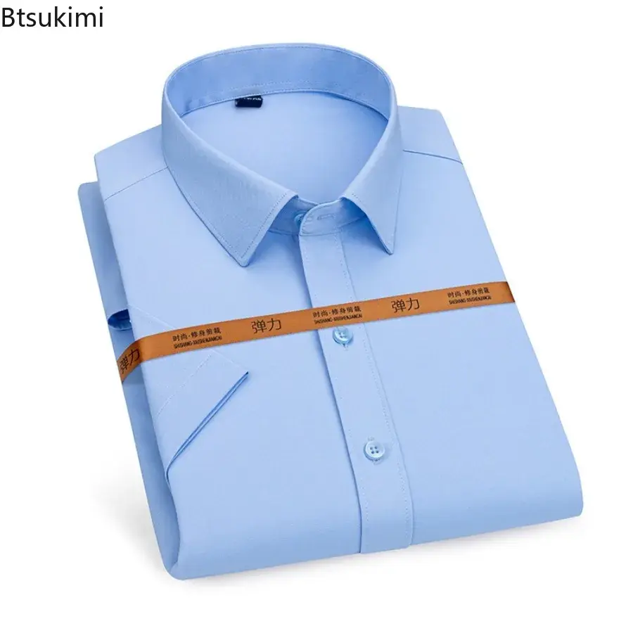 2025 Summer High Elastic Short-sleeved Shirts for Men Office Business Social Dress Shirts Men's Solid Slim Formal Clothing Tops
