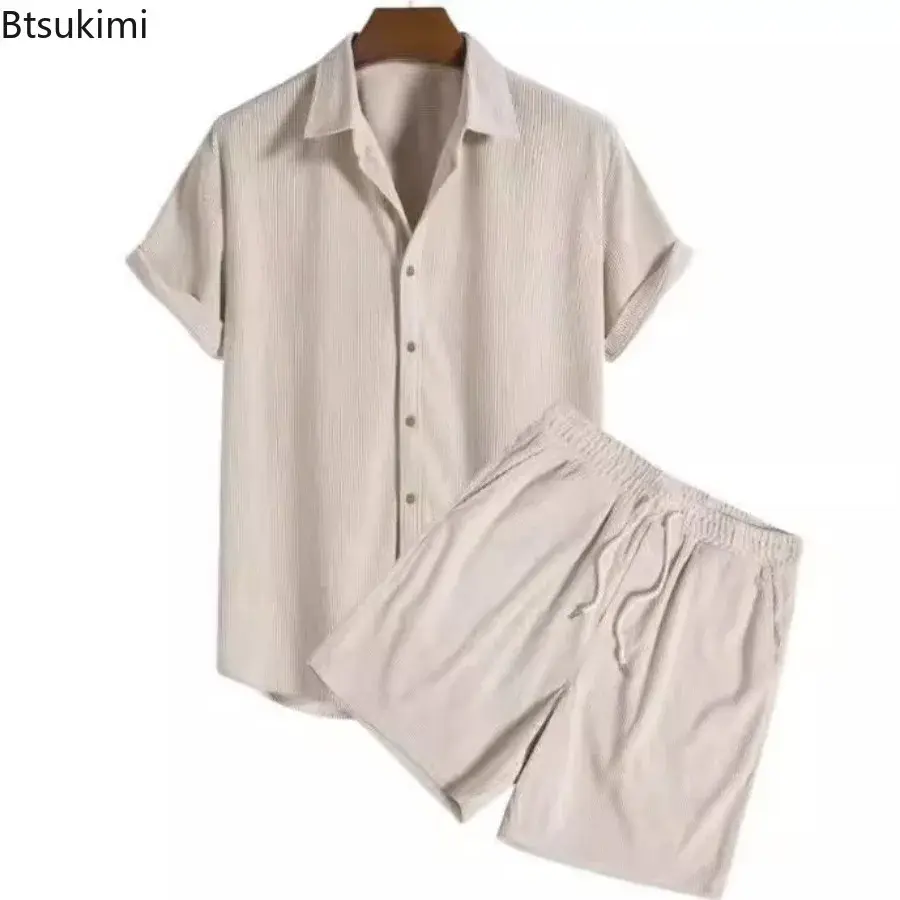 Summer New Men's Corduroy Solid Casual Two Piece Set Short Sleeve Lapel Button Shirts and Shorts Beach Outfit Fashion Streetwear