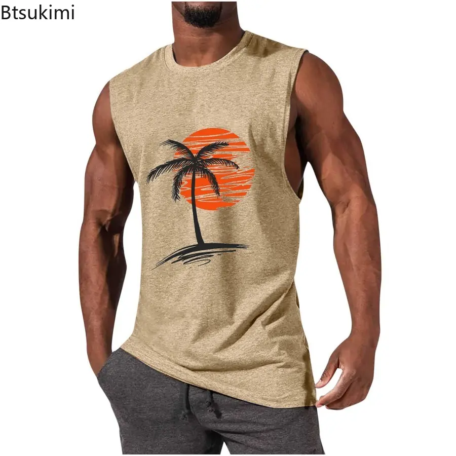 New 2025 Men's Summer Coconut Tree Pattern Printed Casual Vest Fashion O-neck Loose Sleeveless T-shirt Men Sport Beach Tank Tops